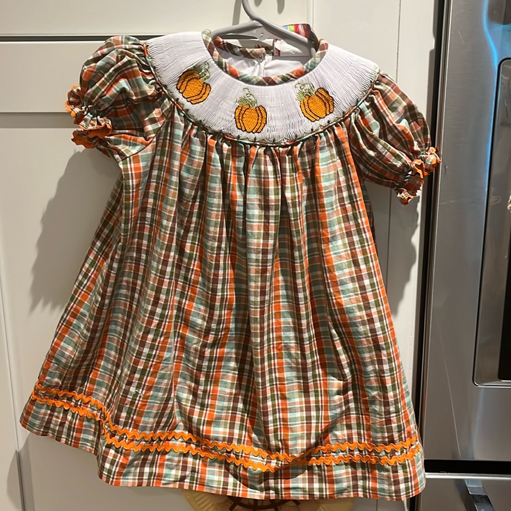 Southern tots Smocked pumpkin fall plaid girls bishop dress